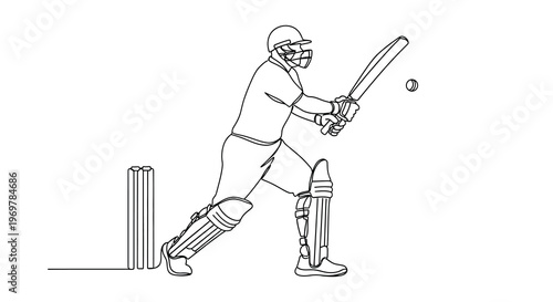 Line art illustration depicting cricket players bats balls and wickets