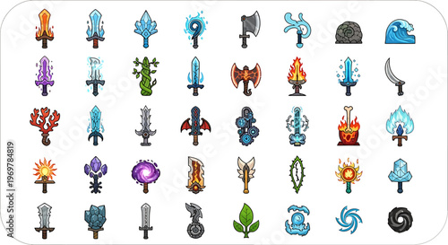 A captivating collection of pixel art fantasy weapons, magical items, and elemental spells, ideal for diverse gaming concepts and digital design projects, showcasing a vibrant array of sprites