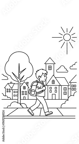 Boy Walking to School with Backpack.