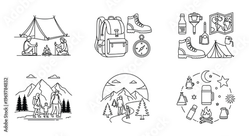 Line art depicting various elements associated with outdoor adventures and camping