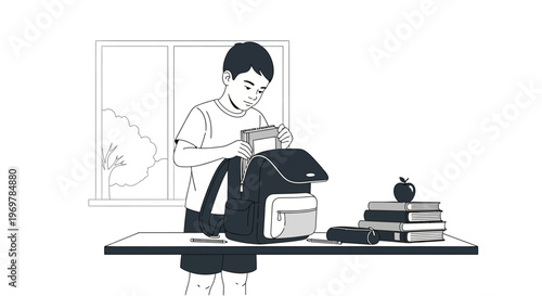 Boy with Backpack and Books Studying.