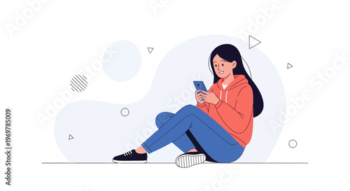 Young Woman Sitting and Texting on Smartphone, Feeling Anxious
