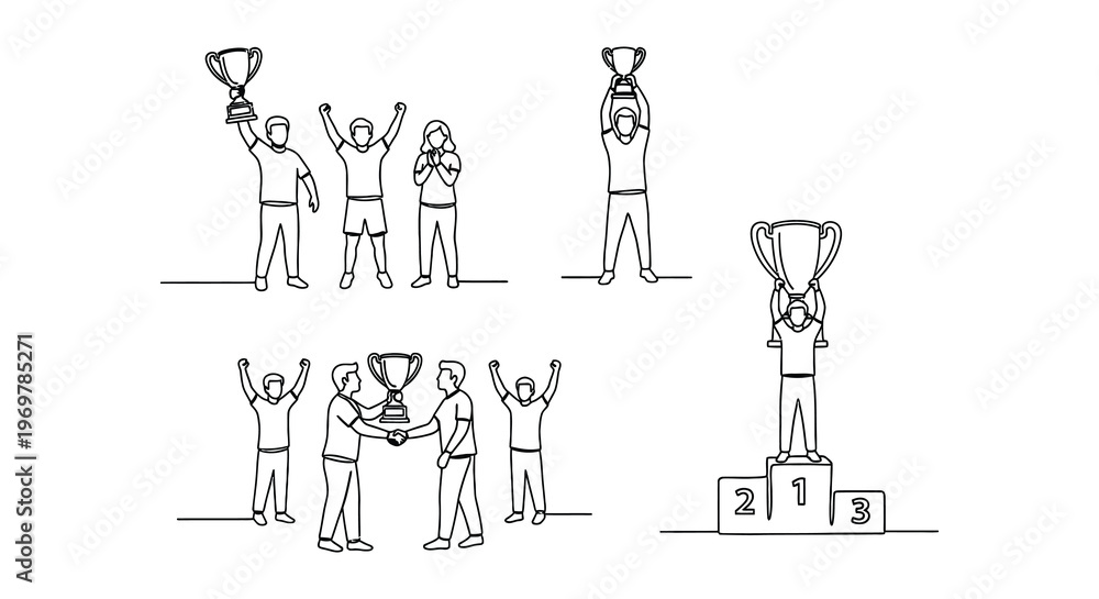 Naklejka premium Line art illustration of diverse people celebrating with trophies