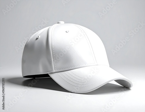A pristine white baseball-style cap, angled slightly, sits against a softly lit gray gradient background. The clean design is uncluttered and minimal