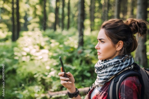 Woman hiking in forest checking phone for navigation