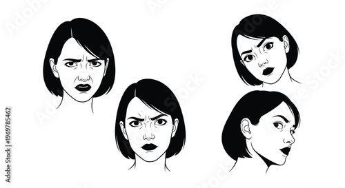 Four monochromatic portraits of women displaying varied emotional expressions