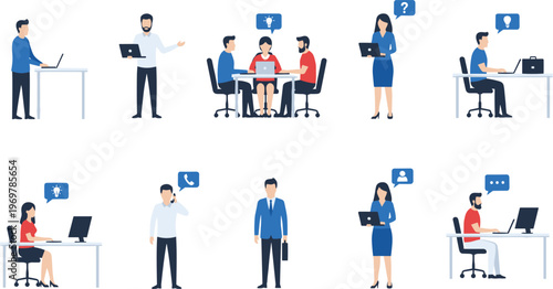 Vector illustration of office teamwork and workplace activities with laptops, collaboration, communication, and productivity icons