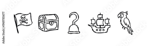 Sketchy Pirate Theme Icons - Flag, Treasure Chest, Hook, Ship, and Parrot Drawing Set