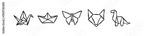 Hand-Drawn Origami Paper Art Icons - Crane, Boat, Butterfly, Fox, and Dinosaur Sketches