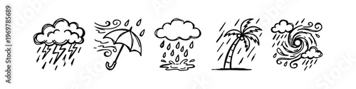 Hand-Drawn Extreme Weather Icons - Storm, Wind, Rain, Hurricane, and Tropical Storm Sketches