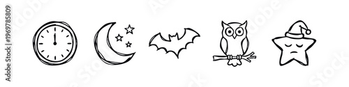 Hand drawn night and sleep icons set, doodle style halloween and nocturnal symbols
