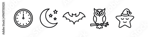 Night and sleep icons set, vector line art halloween and nocturnal symbols