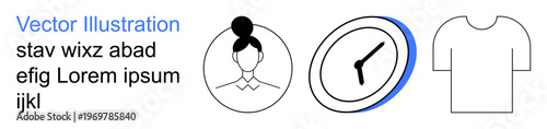 Profile , time tracking, fashion design, branding visuals, digital communication, minimalistic style. Person icon, clock and T-shirt sketch. Business identity and time tracking concepts