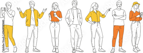 Vector illustration of modern lifestyle characters in casual poses with smartphones and gestures