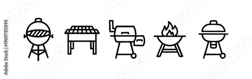 Line Art BBQ Grills and Barbecue Icon Set