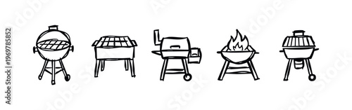 Hand-drawn BBQ Grills and Barbecue Icons Set