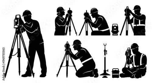 Silhouettes of surveyors at work site.
