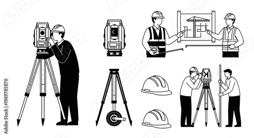 Surveyors with theodolite and equipment.