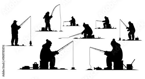 Silhouettes of people ice fishing outdoors.