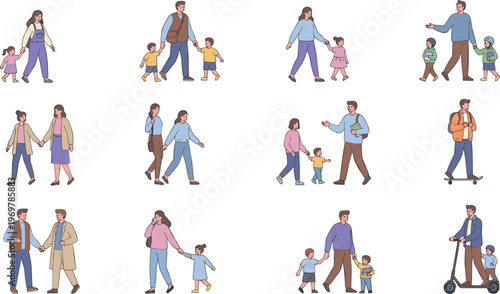 Vector illustration of people walking together with children, couples and casual everyday activities