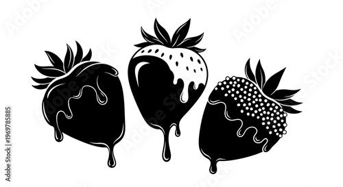 Three strawberries with creative toppings.