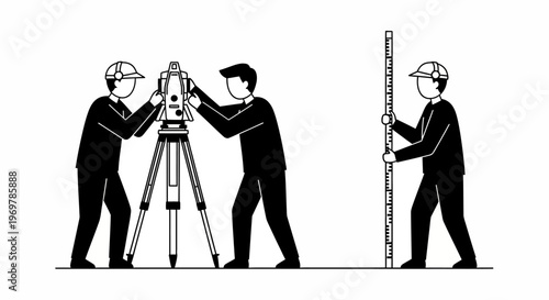 Three workers with surveying equipment.