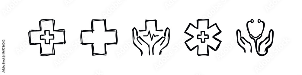 Obraz premium Hand-Drawn Doodle Medical and Healthcare Icons Set. Sketchy Health and Emergency Symbols