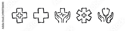 Hand-Drawn Doodle Medical and Healthcare Icons Set. Sketchy Health and Emergency Symbols