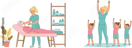 Vector illustration of spa facial treatment and group exercise activities representing wellness and self‑care