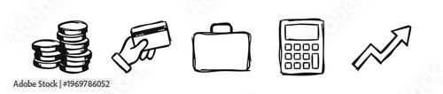 Doodle Business and Finance Icons Set: Growth, Payments, Accounting, and Strategy Symbols.