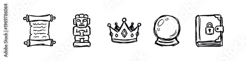 Doodle Fantasy and Ancient Icons Set: Scroll, Idol, Crown, Crystal Ball, and Locked Book Symbols.