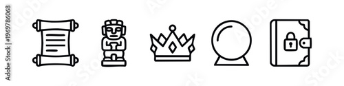 Modern Fantasy and Ancient Line Icons Set: Scroll, Idol, Crown, Crystal Ball, and Locked Book Symbols.