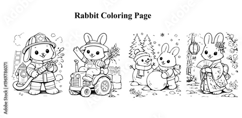 Rabbit Coloring Pages Set - Firefighter Bunny, Farmer Bunny, Snowman Bunny and Kimono Bunny Black and White Line Art