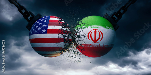 A textured American flag sphere and an Iranian flag sphere collide violently in mid-air creating a dramatic explosion of stone fragments under dark moody light.