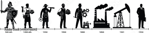 Vector illustration of timeline showing evolution of professions and technology from Roman soldier to modern businessman