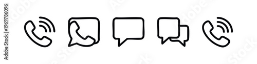 Modern Communication Line Icons Set: Phone Call, Message, and Chat Bubble Symbols.