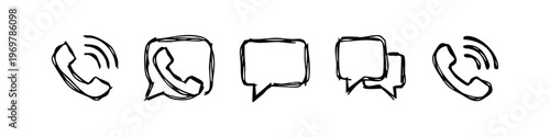 Hand-drawn Communication Icons Set: Phone Call, Message, and Chat Bubble Symbols.