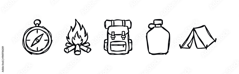 Fototapeta premium Hand Drawn Camping and Outdoor Adventure Icons Set