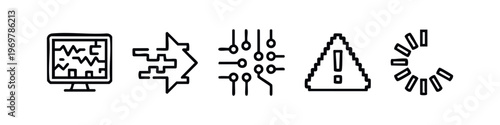 Minimalist line art set of technology and data processing icons, featuring monitor, circuit, error, and loading symbols.