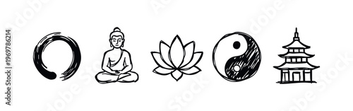 Hand Drawn Zen and Buddhist Symbols Set. Doodle Enso, Buddha, Lotus, Yin Yang, and Pagoda Icon Collection.