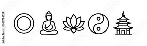 Zen and Buddhist Symbols Line Icon Set. Enso, Buddha, Lotus Flower, Yin Yang, and Pagoda Outline Icons.