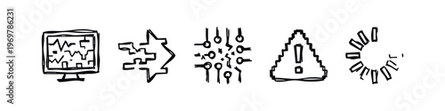 Hand-drawn doodle set of technology and data processing icons, featuring monitor, circuit, error, and loading symbols.