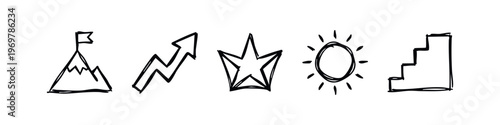Hand Drawn Goal and Achievement Doodle Icons Set. Mountain Flag, Up Arrow, Star, Sun, and Stairs Sketch Collection.