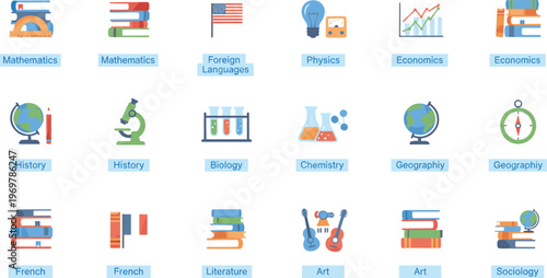 Vector illustration of academic subject icons including mathematics, languages, science, history, geography, art, and sociology