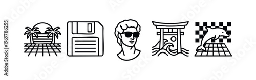 Nordic and Arctic Line Icon Set. Outline Reindeer, Mountain, Aurora Borealis, Landscape Icons.