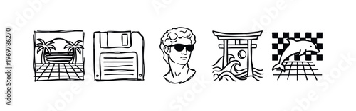 Hand Drawn Nordic and Arctic Doodle Icons. Reindeer, Mountain, Aurora Borealis, Landscape Sketch Set.