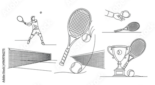 Line drawing of a tennis player equipment and championship trophy