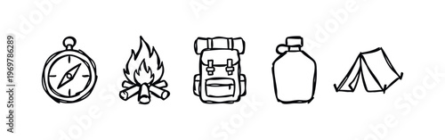 Hand Drawn Camping and Outdoor Adventure Icons Set