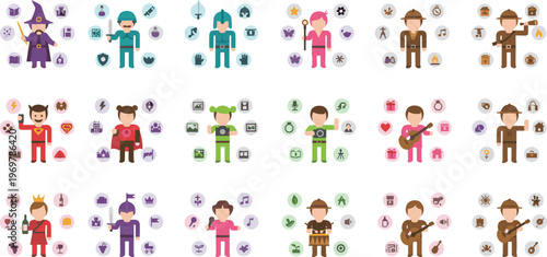 Vector illustration of diverse characters representing professions, fantasy roles and archetypes with symbolic icons