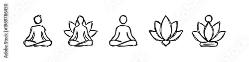 Yoga and Meditation Doodle Icons Set - Lotus Poses and Flower Sketches for Wellness